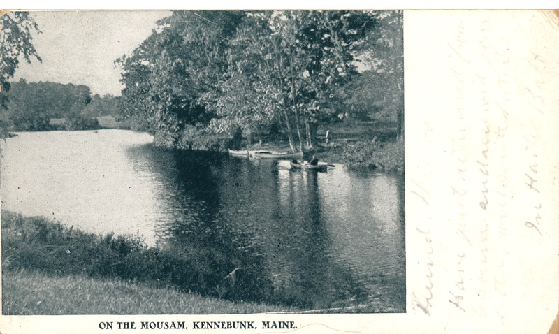 ON THE MOUSAM, KENNEBUNK, MAINE. ME. MAN IN CANOE. RIVER SCENE.
