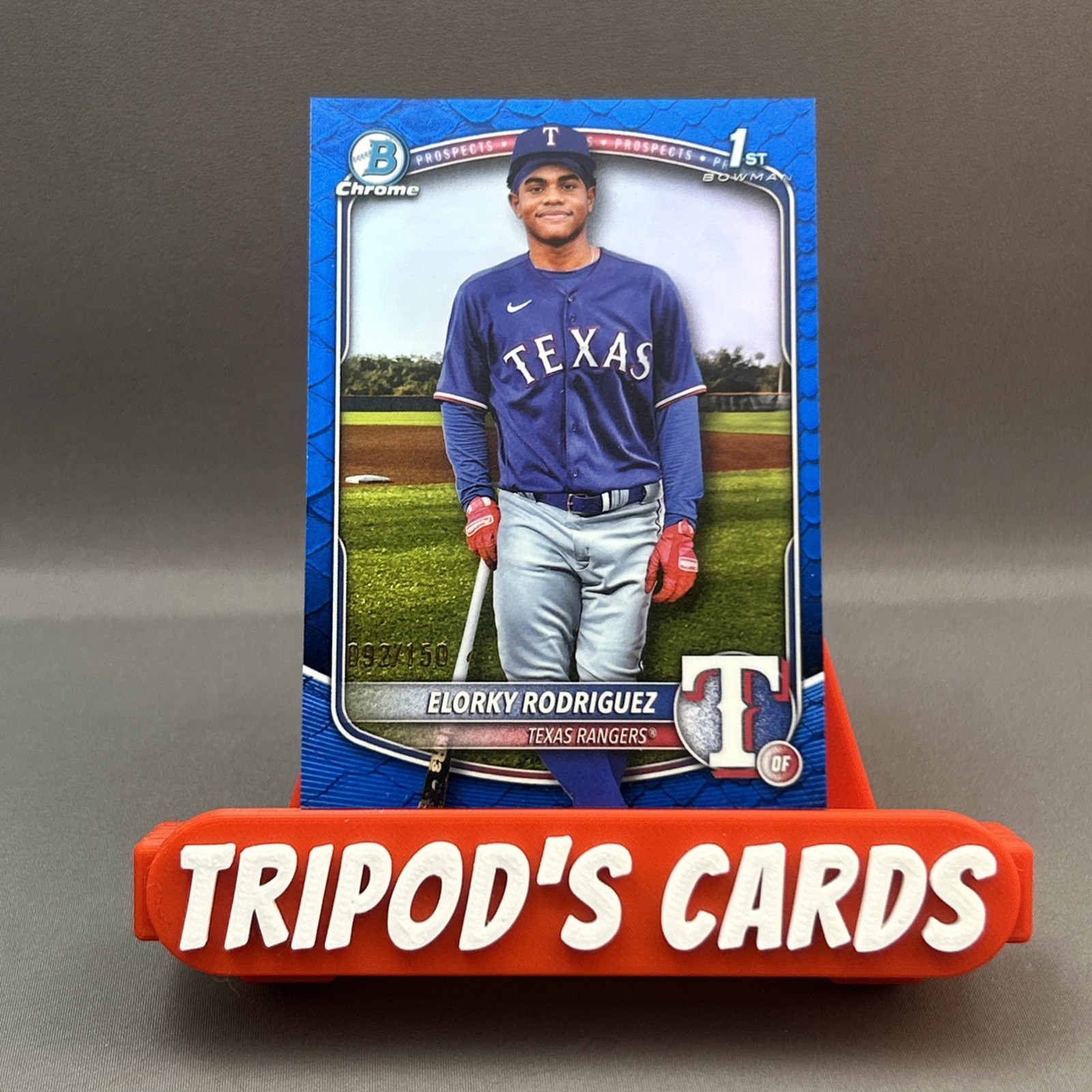 2025 Bowman Chrome 1st Elorky Rodriguez Blue Reptilian Refractor #92/150 Rangers