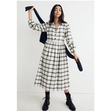 Madewell Flannel Button-Front Midi Dress Blue/Cream Women Sz 00