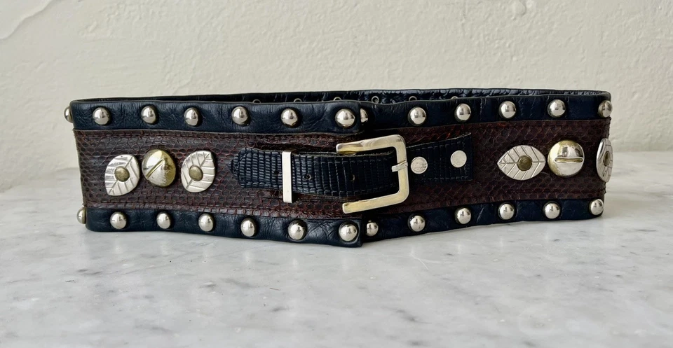 VINTAGE 1980's Studded BELT Black Leather Brown Snake Skin Waist 27”-29” - Image 2 of 4