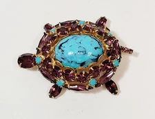 Beautiful Vintage Unsigned ALICE CAVINESS Faux Turquoise & Purple Turtle Brooch