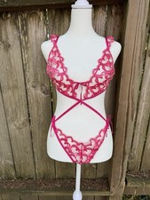 Victoria  s Secret Shimmer Embroidered Teddy M NWT Hot Pink Coquette Boudoir Lace