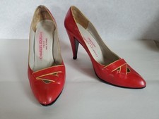 Vintage Charles Jourdan Size 36 US 5 Red Leather High Heels Yellow Trim Pumps