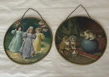 FLUE COVERS (2) KITTENS-GIRLS. GLASS FRONT  & CHAIN - Victorian 9-1/2" - GERMANY