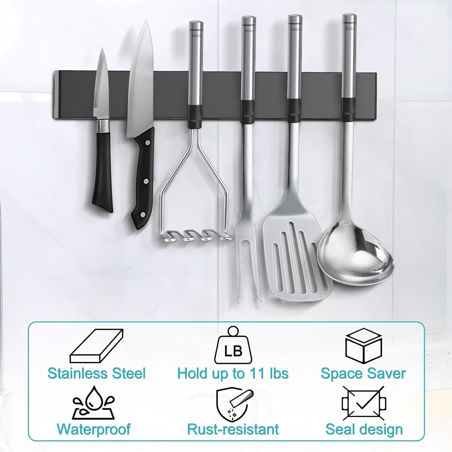 Versatile 10-Inch Magnetic Knife Holder Bar with Hooks - Perfect for Any Kitchen