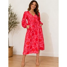 Kate Spade New York x Target Pink Red Floral Linen Blend Midi Dress XS Pockets