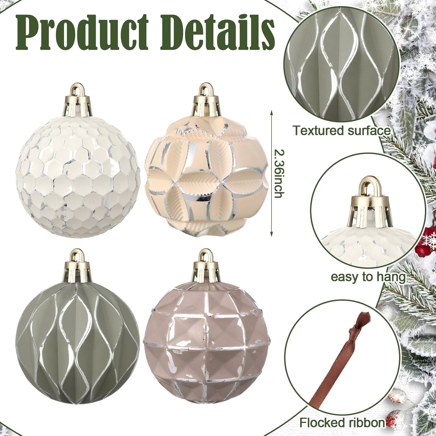 Syhood 12 Pcs Neutral Textured Christmas Ball Ornaments 2.4 Inch 