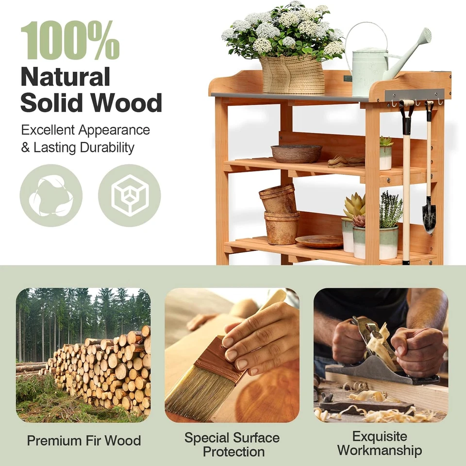 Banco para Macetas de Jardín, Mesa para Estación de Trabajo de Madera Exterior con Mesa de Acero Galvanizado Foto 4 de 4