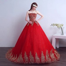 New Ball Gown Wedding Dresses Gold Applique Lace Tulle Bridal Gowns Custom Size