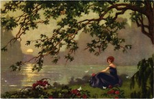 PC ARTIST SIGNED, GLAMOUR LADY IN THE GARDEN, Vintage Postcard (b57565)