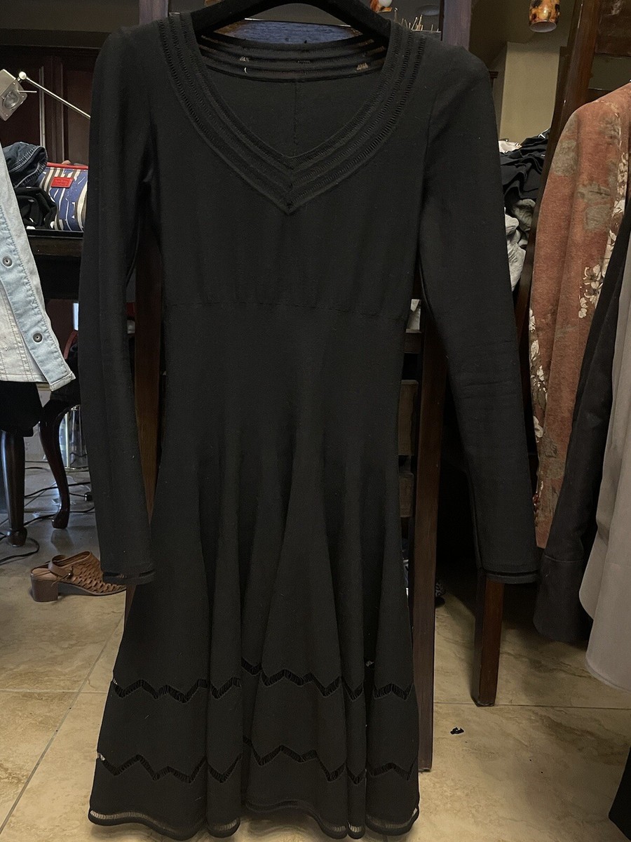 Azzedine Alaia Long Sleeve Dress Croshet Cut Out Skater Skirt Wool Knit  Size 42
