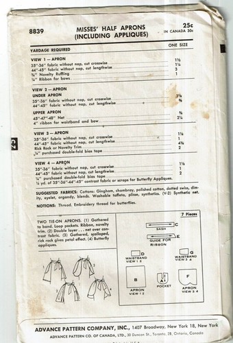 Advance #8839 VTG 1950's Set of Aprons with Appliques Pattern Sz: One Sz UC - Picture 2 of 2