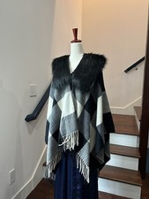 NWT J. Crew Black White Gingham Plaid Fur Collar Fringe Poncho Cape Jacket
