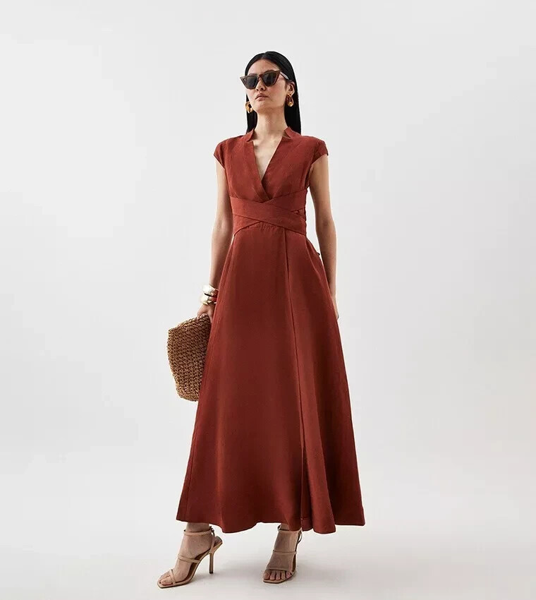 Karen Millen V Neck Wrap Detail Woven Midi Dress Size UK 6 RRP £299 Sold Out