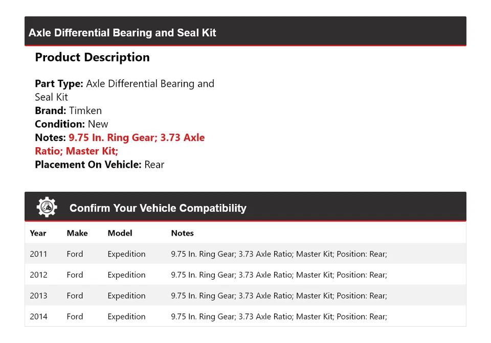 Kit de cojinete y sello diferencial eje trasero Timken para Ford Expedition 2011-2014 Foto 2 de 3