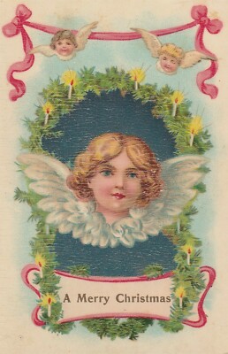 Vintage Postcard Christmas Angel and Two Little Cherubs 1909 Gel Card
