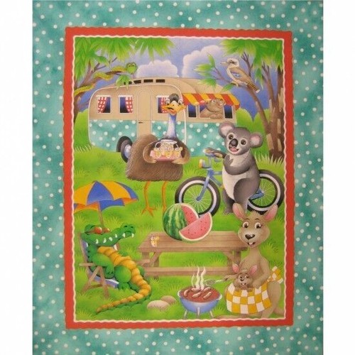 Outback Camping Australian Caravan Emu Kangaroo Koala Cotton Quilting Fabric Pnl - Picture 3 of 3