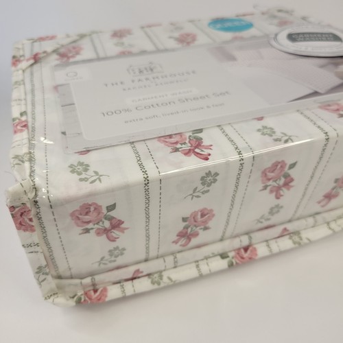 R Ashwell Farmhouse Shabby Chic QUEEN Sheet Set Pink Green Floral White Cotton - Picture 13 of 13
