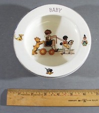 VINTAGE BABY PORCELAIN BOWL DISH ILLUSTRATED CHILD  TOYS, MADE IN CZECH.