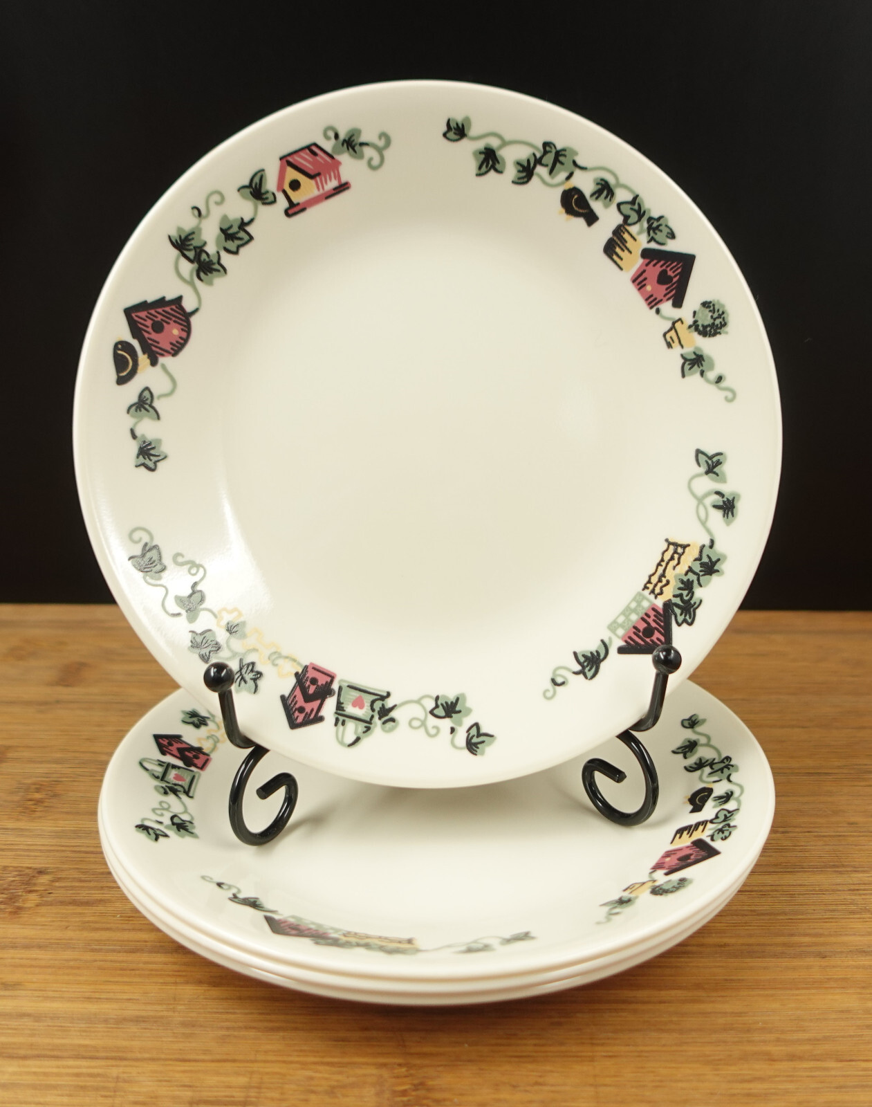 4 Corelle Garden Home Ivory Birdhouses Salad Bread Dessert Plates 6.75”