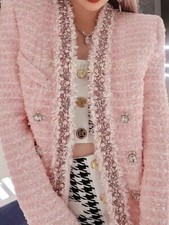 Double Breasted Jacket Pink Thick Tweed Blazer Rhinestone Buttons Slim Fit Coat