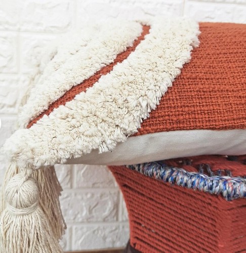 Terracotta & Ivory Boho Throw Pillow Cover 20x12 Inch with Tassels - Picture 4 of 9