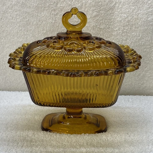 Vtg Indiana Glass Lace Edge Covered Candy Dish Amber Pedestal Base Rectangular