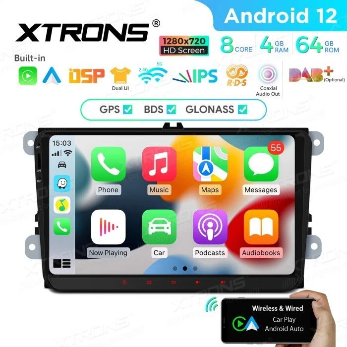 AUTORADIO ANDROID 12 STEREO 4/64GB AUTO VOLKSWAGEN SEAT SKODA GOLF POLO XTRONS - Immagine 4 di 4