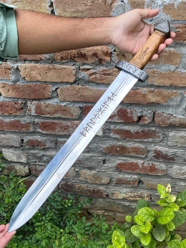 Handmade Viking Sword with Viking Runes Etching, Carbon Steel Short Sword, Wood