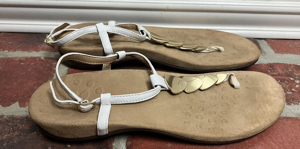 Vionic Miami White Leather Gold Disc Adjustable T Strap Sandals Women s Size 11
