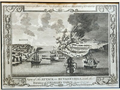 c1780s Engraving Print, View of the Attack Bunker Hill, Millar, Lodge, Benard,