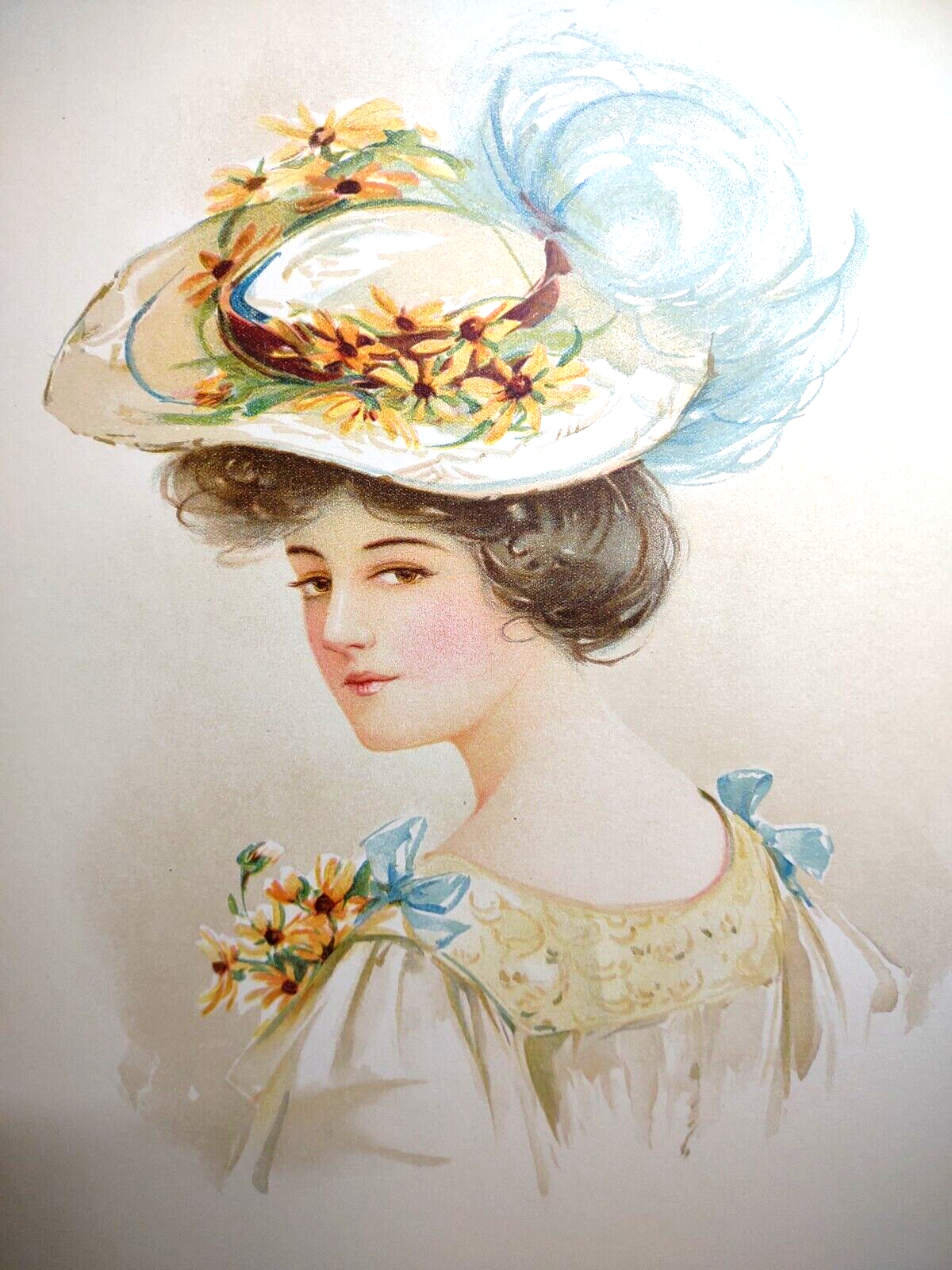 Victorian 1908 Original Lithograph of Lady in Flower Feather Hat Art Print