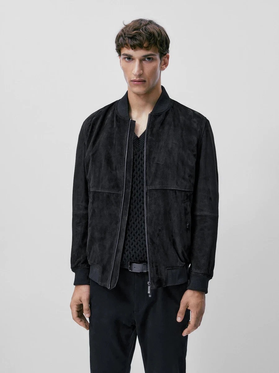 New Massimo Dutti Suede Bomber Jacket Navy L 3330 260 coat leather