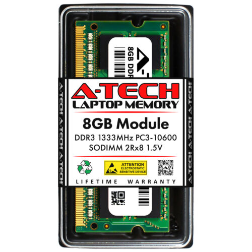 A-Tech 8 GB PC3-10600 computer portatile SODIMM DDR3 1333 MHz 204 pin memoria notebook 1x 8G - Foto 1 di 7