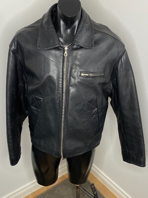Vintage Campagnia Men's Large Black Leather Bomber Jacket Quilted Lined Pockets