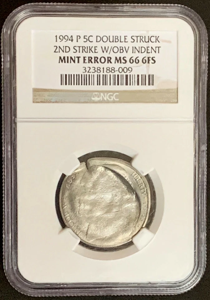 NQC Mint Error 1994 5C Jefferson Dbl Struck, 2nd Strike W/OBV Indent MS 66 6FS - Image 3 of 4