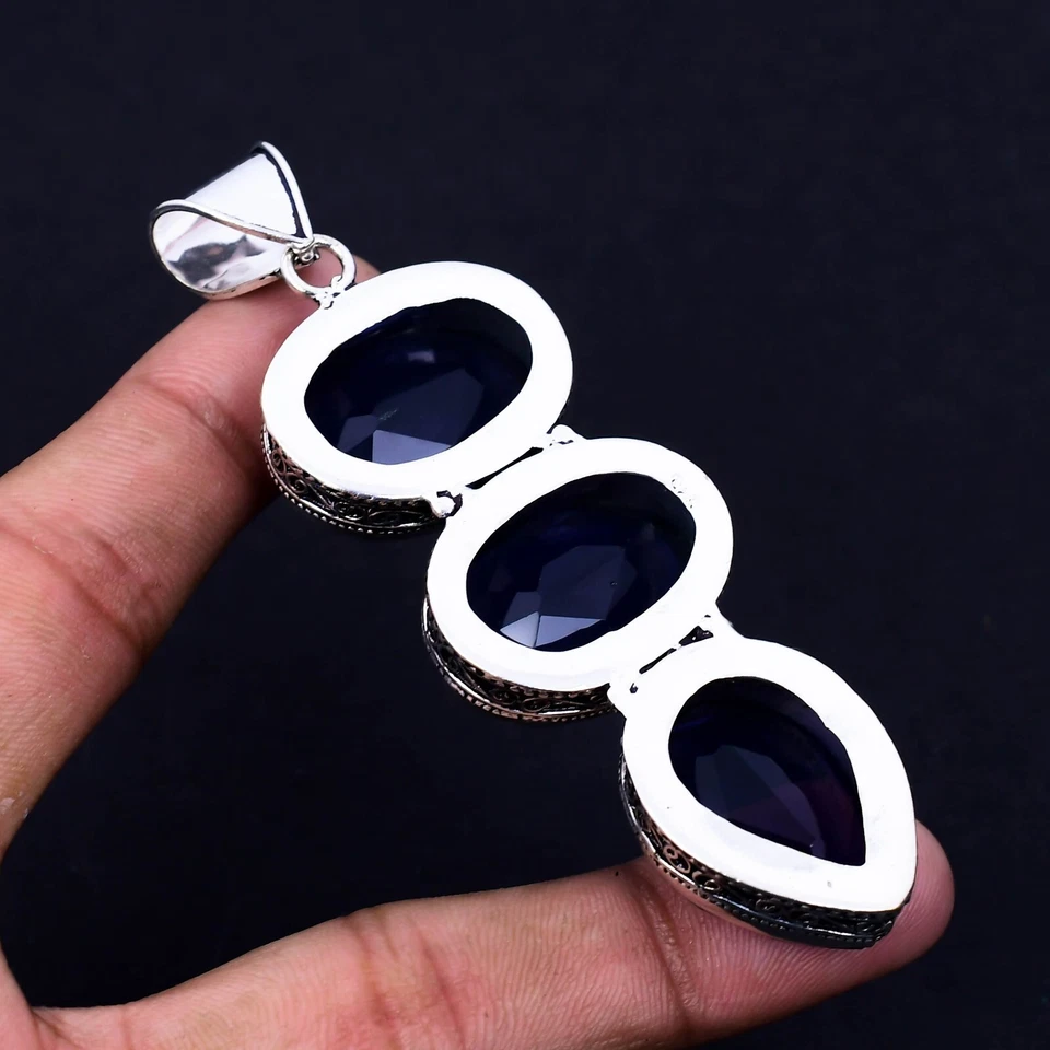 Zaffiro Blu Gemma Fatto a Mano 925 Pendente Argento Sterling Per Love Regali - Immagine 2 di 4