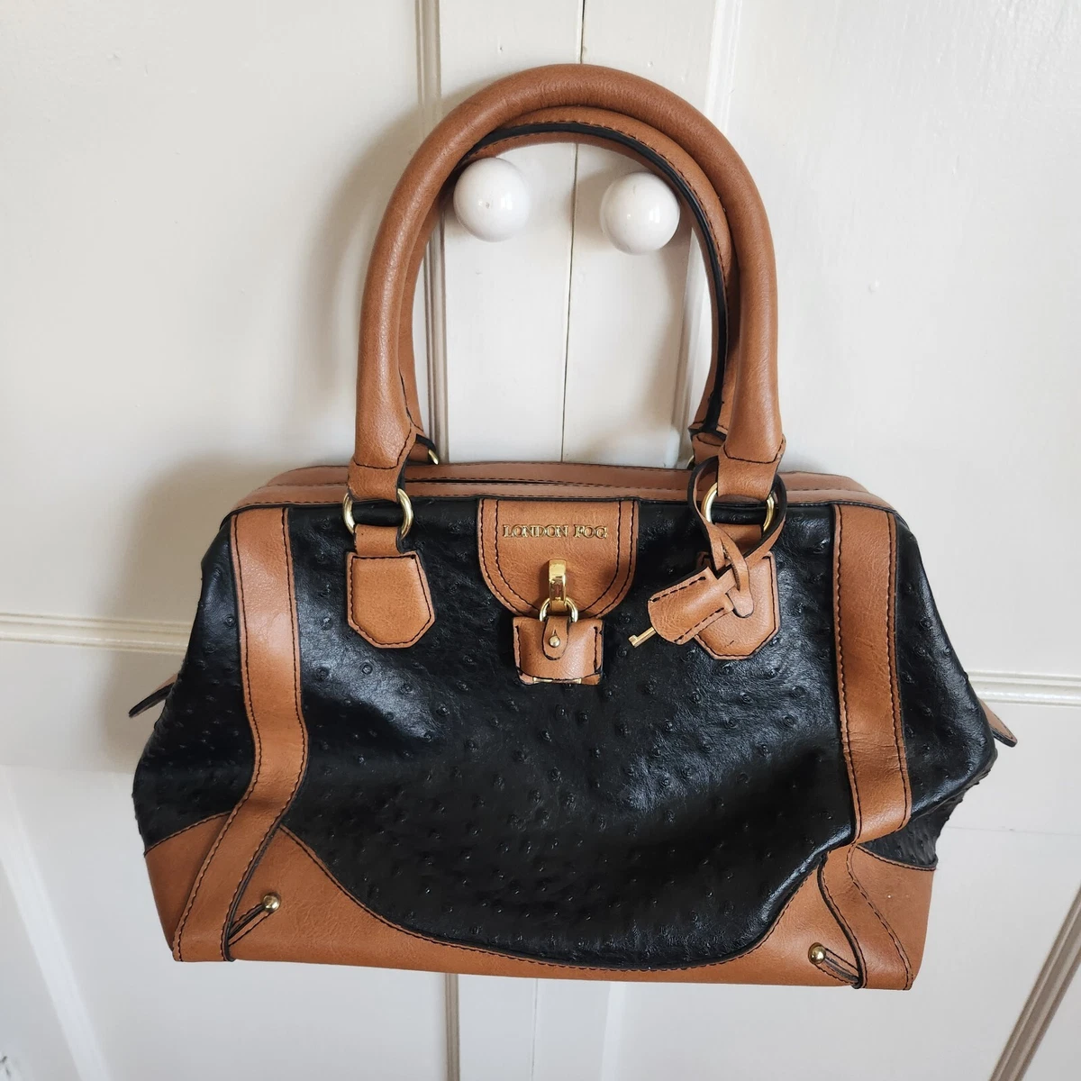 London Fog Satchel Handbag in Black Ostrich and Tan LIKE NEW