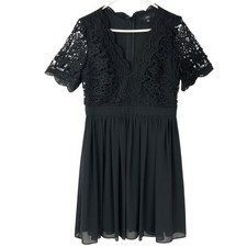 Lulus Black Lace Chiffon Dress Large Zip V-Neck Short Sleeve Fit & Flare
