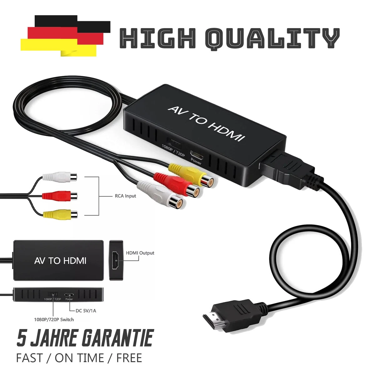 Amtake RCA auf HDMI, 1080P AV Adapter mit HDMI-Kabel für PS2/PS3/Xbox