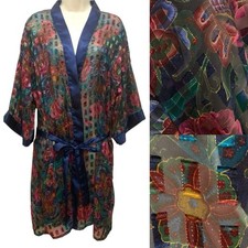 Vintage Inner Most Sheer Floral Robe Kimono Sleeve Jewel Tones Womens Large