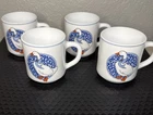 Vintage Arcopal France Blue Ribbon Goose White Milk Glass Coffee MugCupsSet of 4