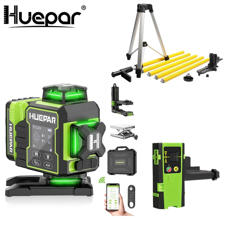 Huepar 4D Cross Line Self Leveling Laser mit LCD-Display +Empfänger+3,7 m Stativ - Bild 1 von 4