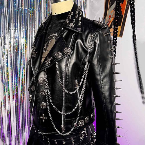 E-Girls Y2K PU Leather Skull Studded Jacket Chain Goth Punk Rock Cross - Picture 13 of 14