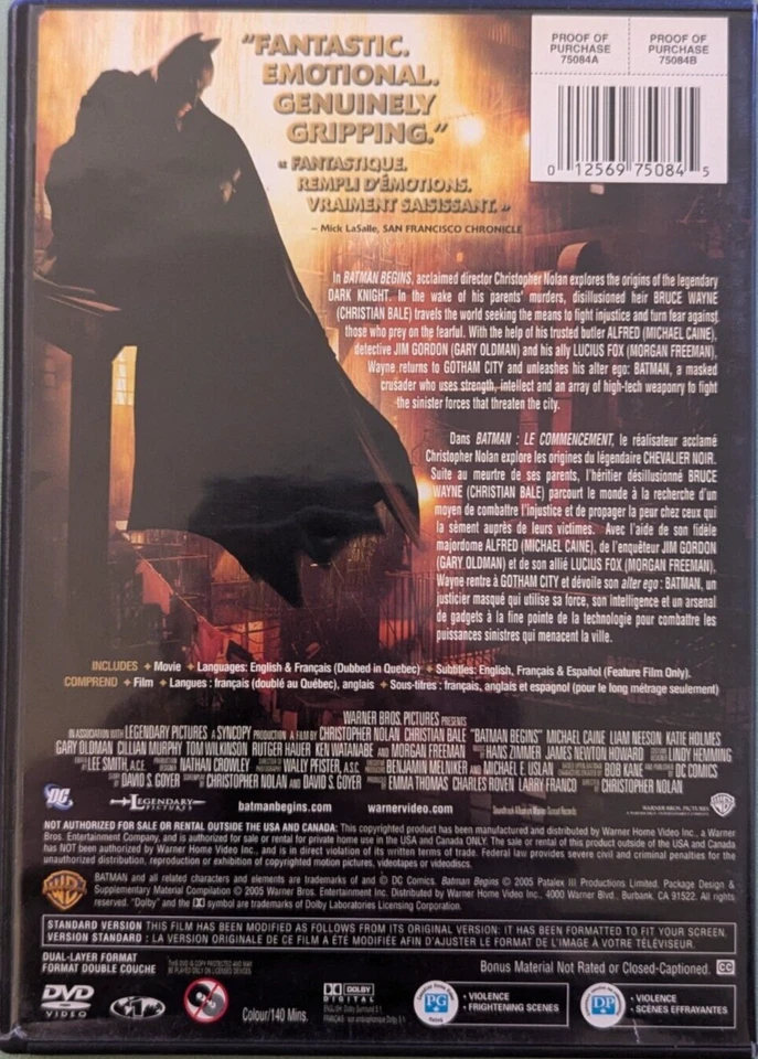 Batman Begins (DVD, 2005, Canadian, Full Screen) - Image 2 of 2