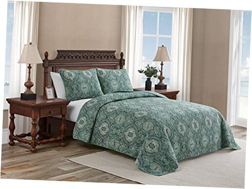  - Quilt Set, Reversible Cotton Bedding with Matching Twin Turtle Cove Green
