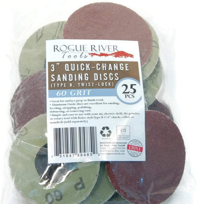 (25pc) Rogue River Tools 3'' 60 grit Quick-Change Sanding Discs (Type - R)