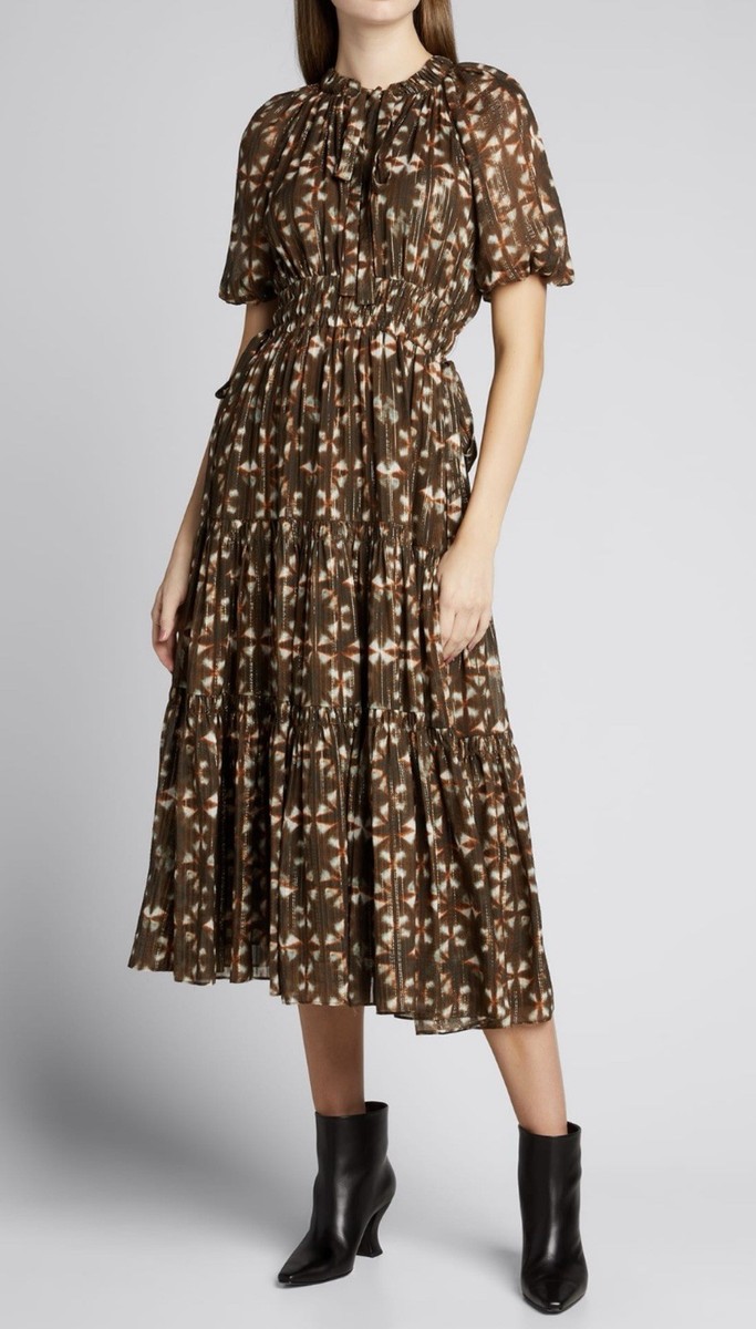 Ulla Johnson Tunis Olive Green Prism Midi Dress Size 2 Silk Tiered Metallic  | eBay