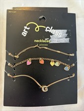 Art Class 3-piece Necklace Set - Gold Tone/Colorful Hearts/G Initial - NEW