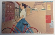 1950s TWA Air Stream Series Zamparelli Art Woman with Bicycle - Paris Postcard